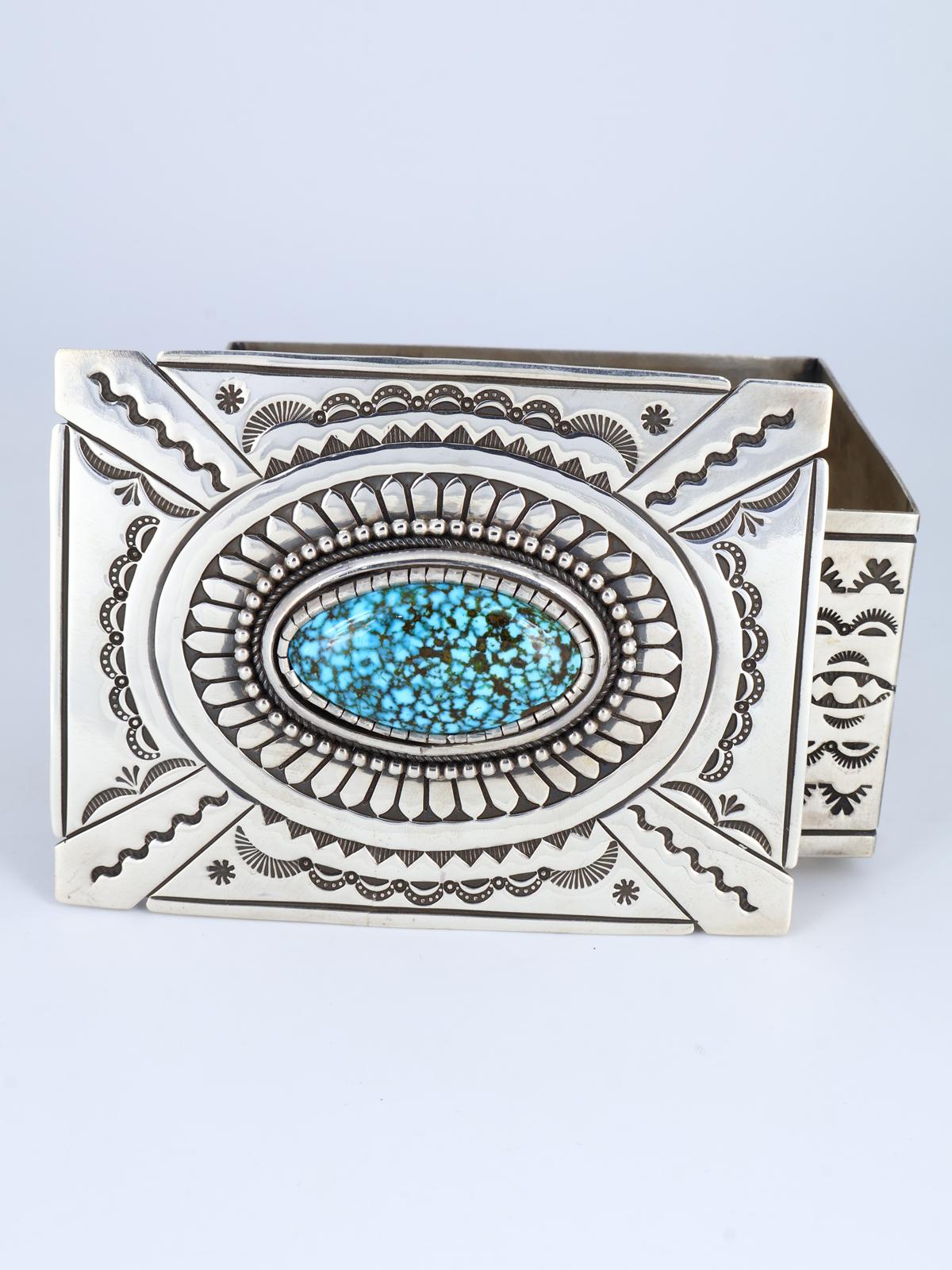 Navajo Sterling Silver Kingman Turquoise Stamped Jewelry Box - PuebloDirect.com