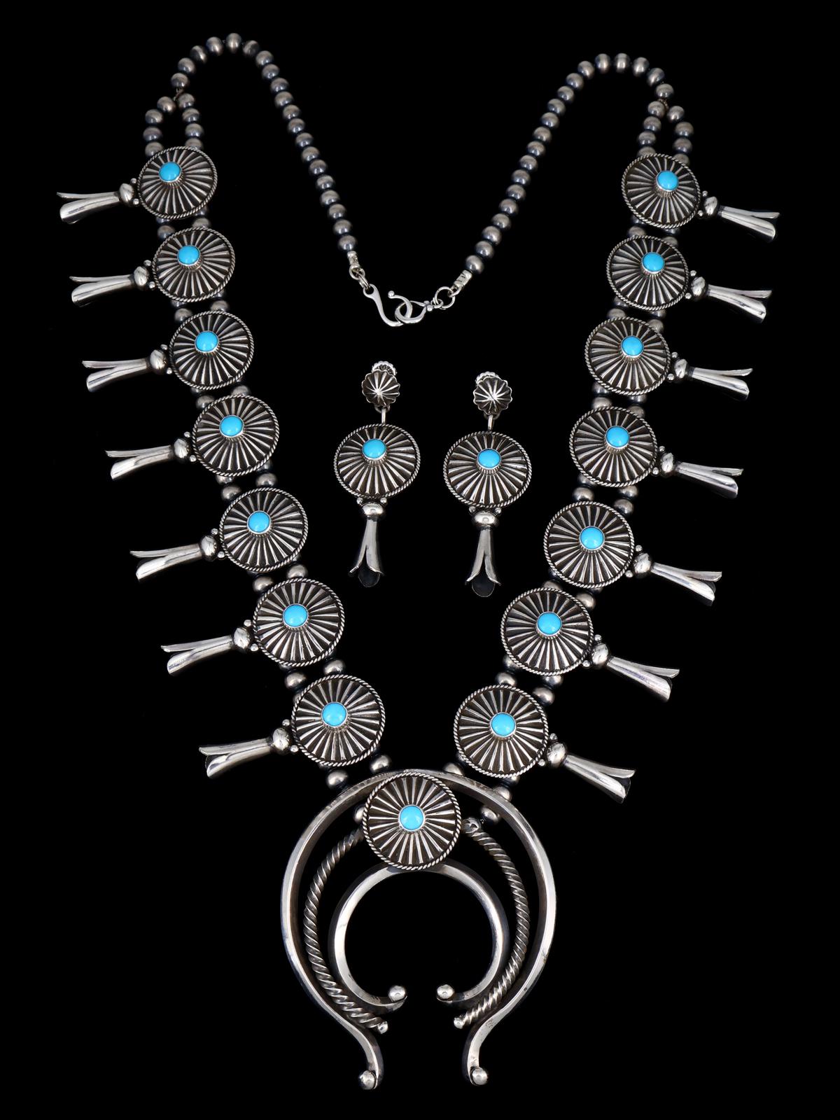 Native American Sleeping Beauty Turquoise Squash Blossom Necklace Set - PuebloDirect.com