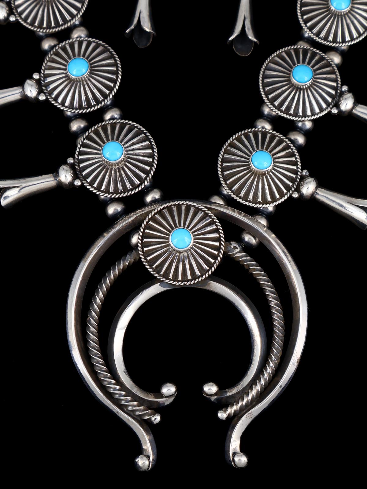 Juego de collar de flor de calabaza de ónix negro de plata de ley de nativos americanos