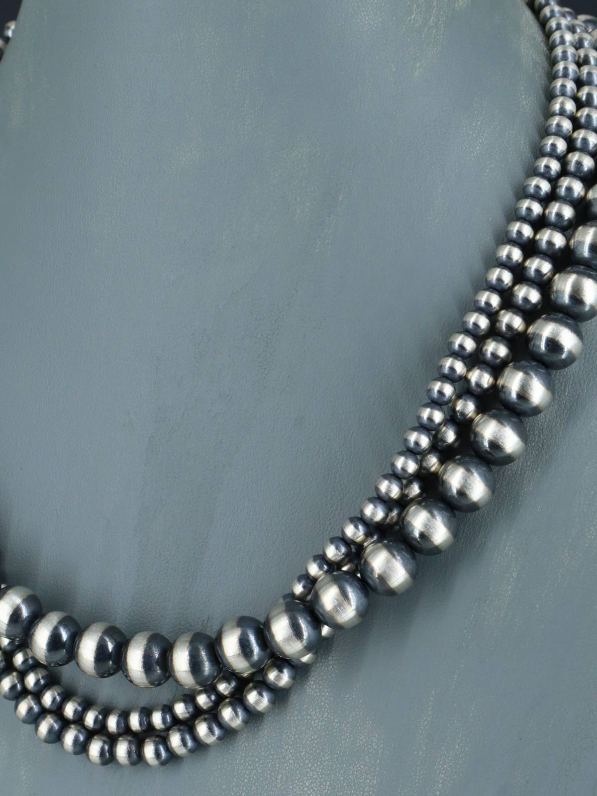 20" Navajo Jewelry Three Strand Sterling Silver Beaded Necklace - PuebloDirect.com