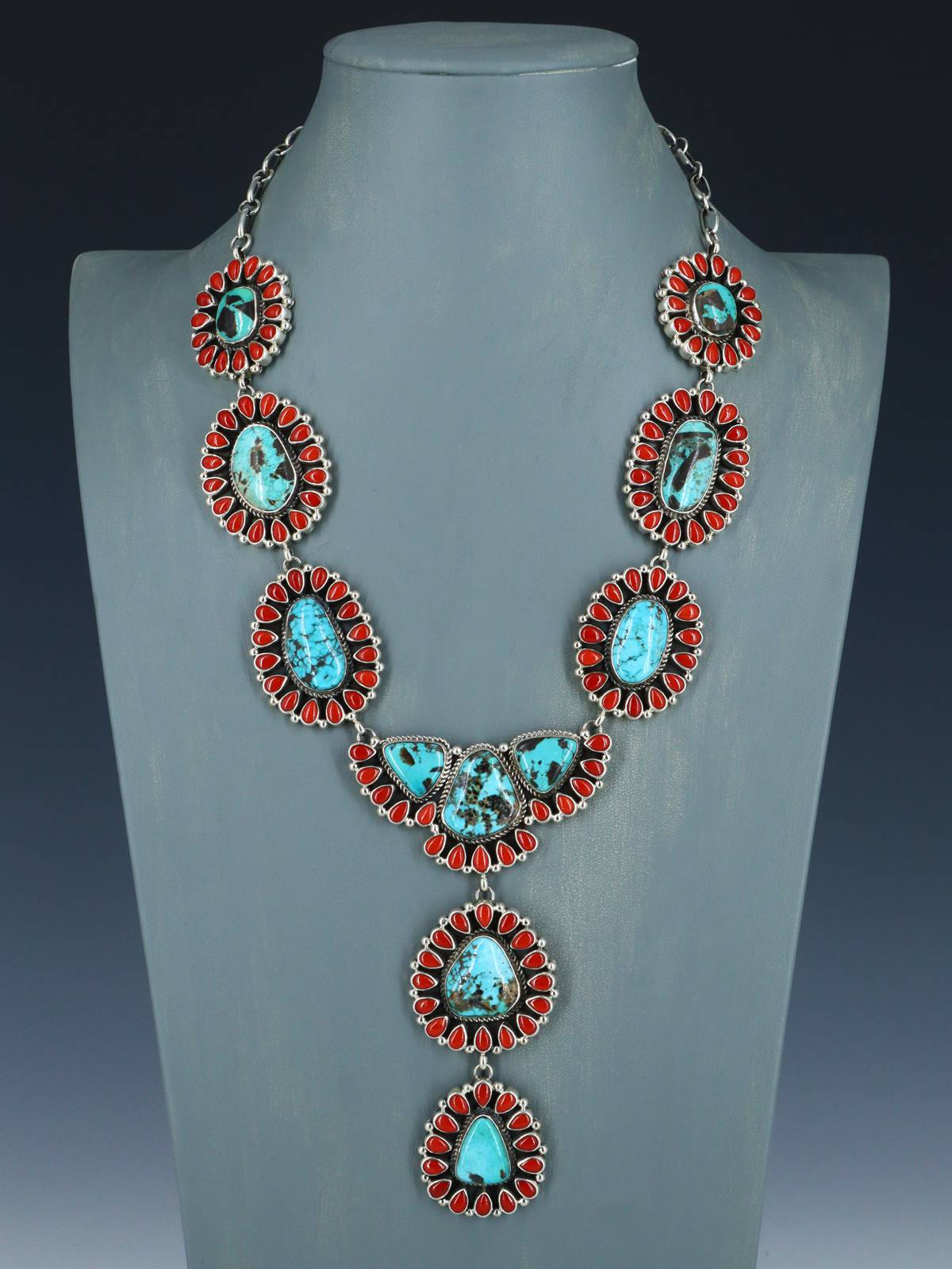 Authentic Handmade Navajo Sterling Silver Pendant With Natural Turquoise & Coral - Flower Design By Loma Siiva