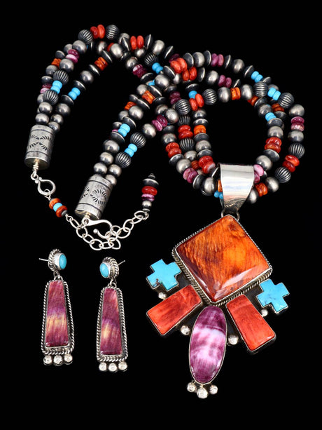 Native American Spiny Oyster and Turquoise Necklace and Earrings Set - PuebloDirect.com