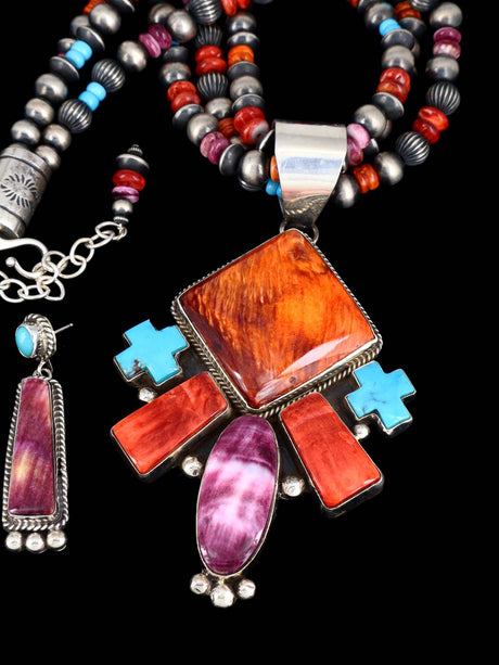 Native American Spiny Oyster and Turquoise Necklace and Earrings Set - PuebloDirect.com