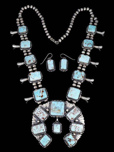Native American Jewelry Dry Creek Turquoise Squash Blossom Necklace and Earrings Set - PuebloDirect.com