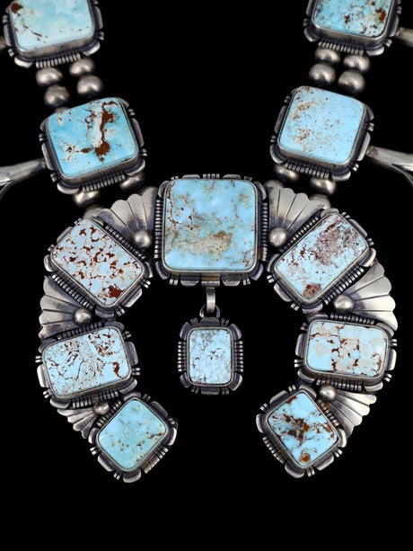 Native American Jewelry Dry Creek Turquoise Squash Blossom Necklace and Earrings Set - PuebloDirect.com