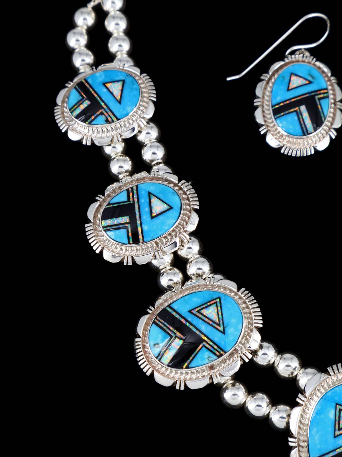 Navajo Jewelry Turquoise and Opalite Inlay Necklace and Earrings Set - PuebloDirect.com