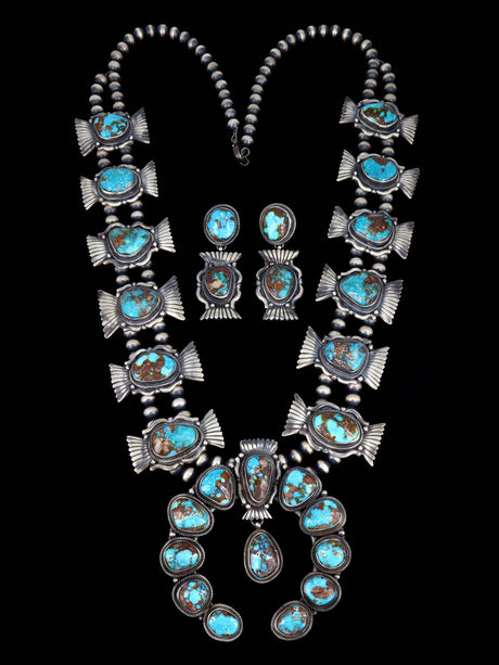 Navajo Natural Bisbee Turquoise Sterling Silver Squash Blossom Necklace - PuebloDirect.com