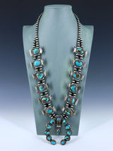 Navajo Natural Bisbee Turquoise Sterling Silver Squash Blossom Necklace - PuebloDirect.com