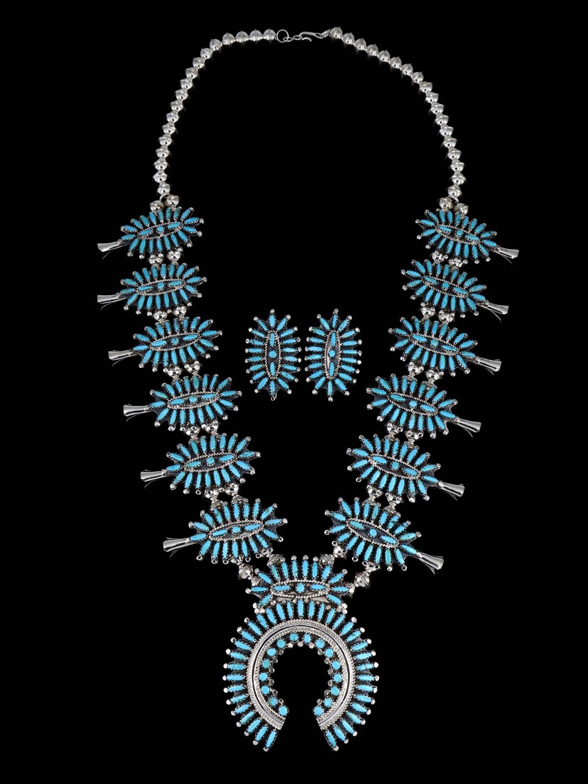 Native American Turquoise Squash Blossom Necklace Set