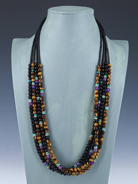 28" Navajo Multi Strand Tiger Eye and Black Onyx Necklace - PuebloDirect.com