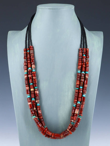 28" Navajo Multi Strand Red Jasper and Turquoise Necklace - PuebloDirect.com