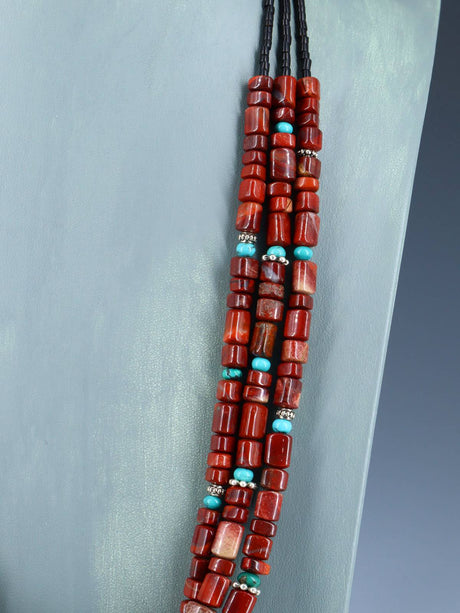 28" Navajo Multi Strand Red Jasper and Turquoise Necklace - PuebloDirect.com