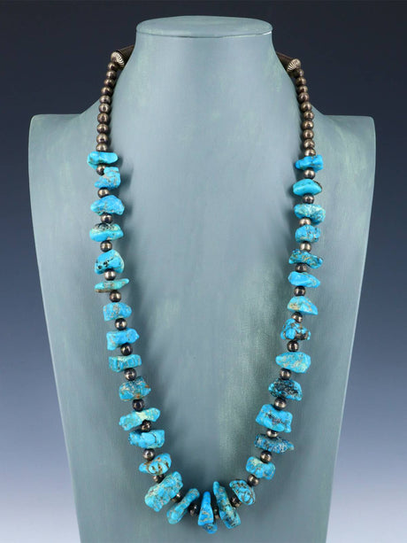 Vintage Native American Turquoise Sterling Silver Nugget Necklace - PuebloDirect.com