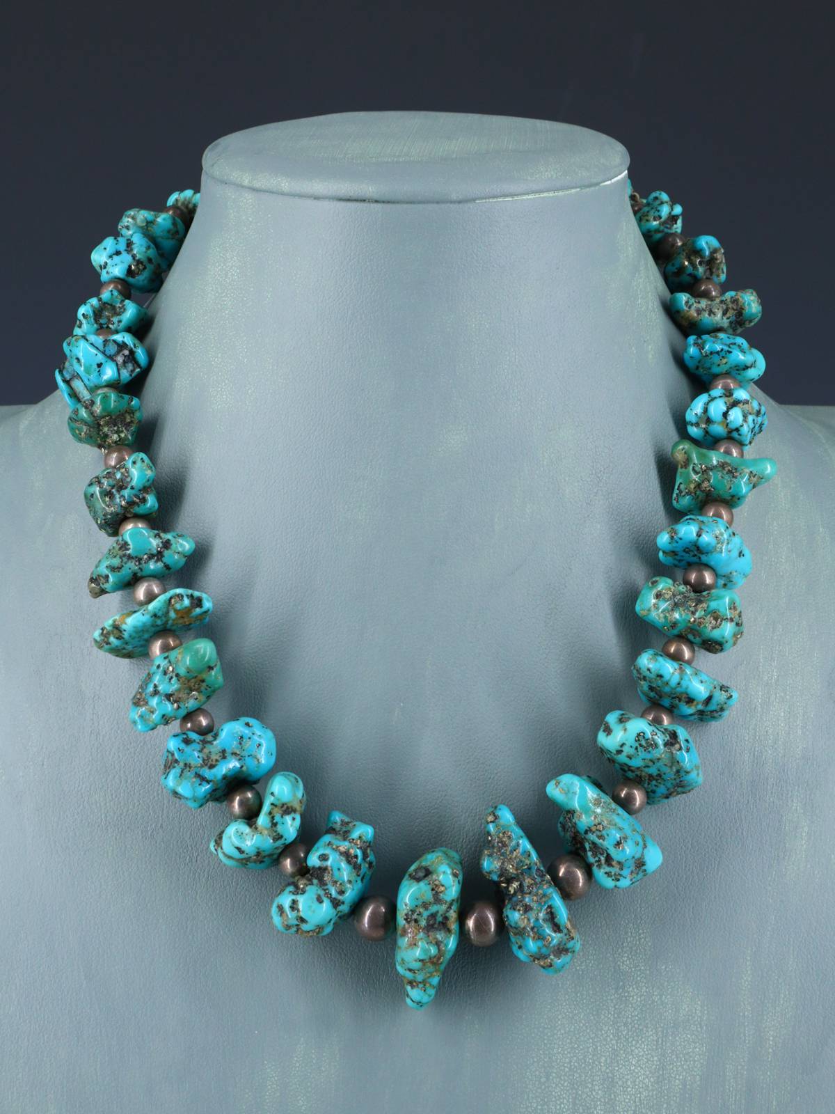 Vintage Native American Turquoise Sterling Silver Nugget Necklace - PuebloDirect.com