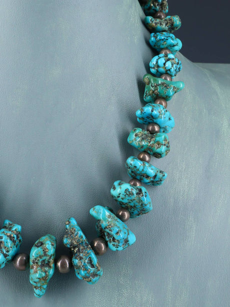 Vintage Native American Turquoise Sterling Silver Nugget Necklace - PuebloDirect.com