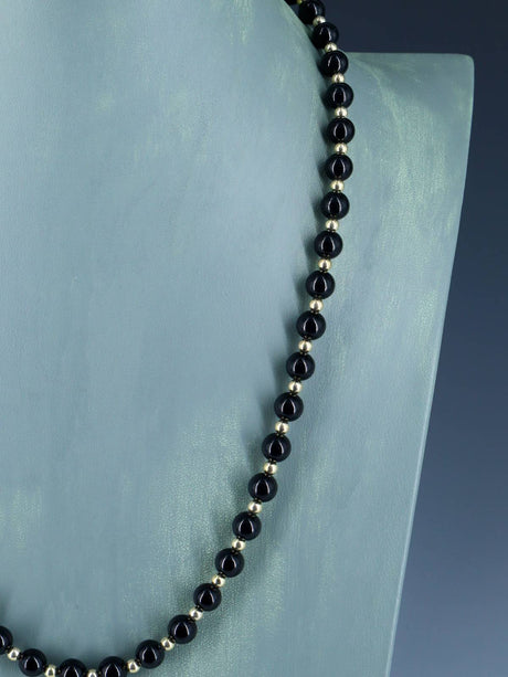 Estate Native American Black Onyx and Sterling Silver Bead Necklace
