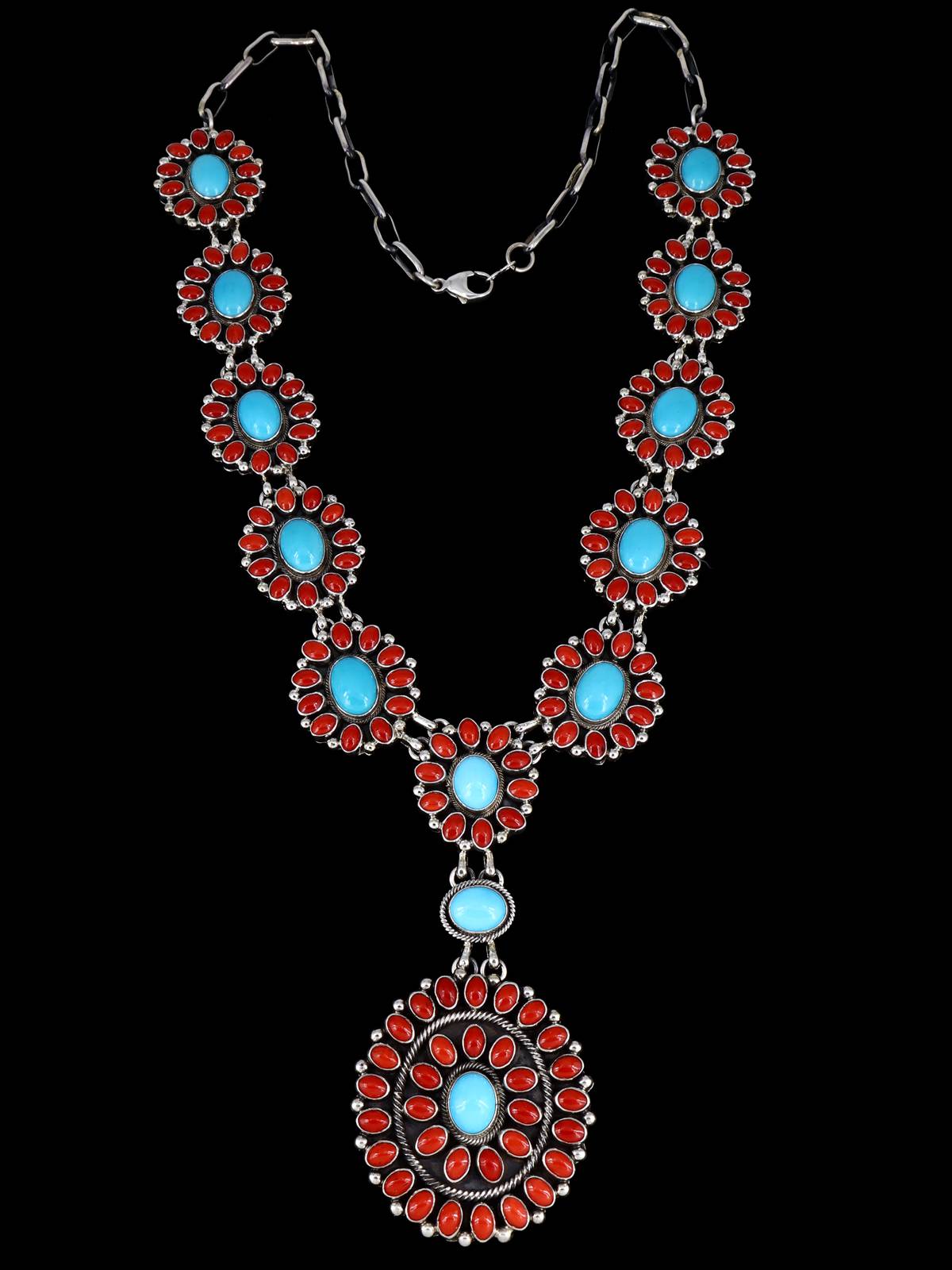 Navajo Jewelry Coral and Sleeping Beauty Turquoise Lariat