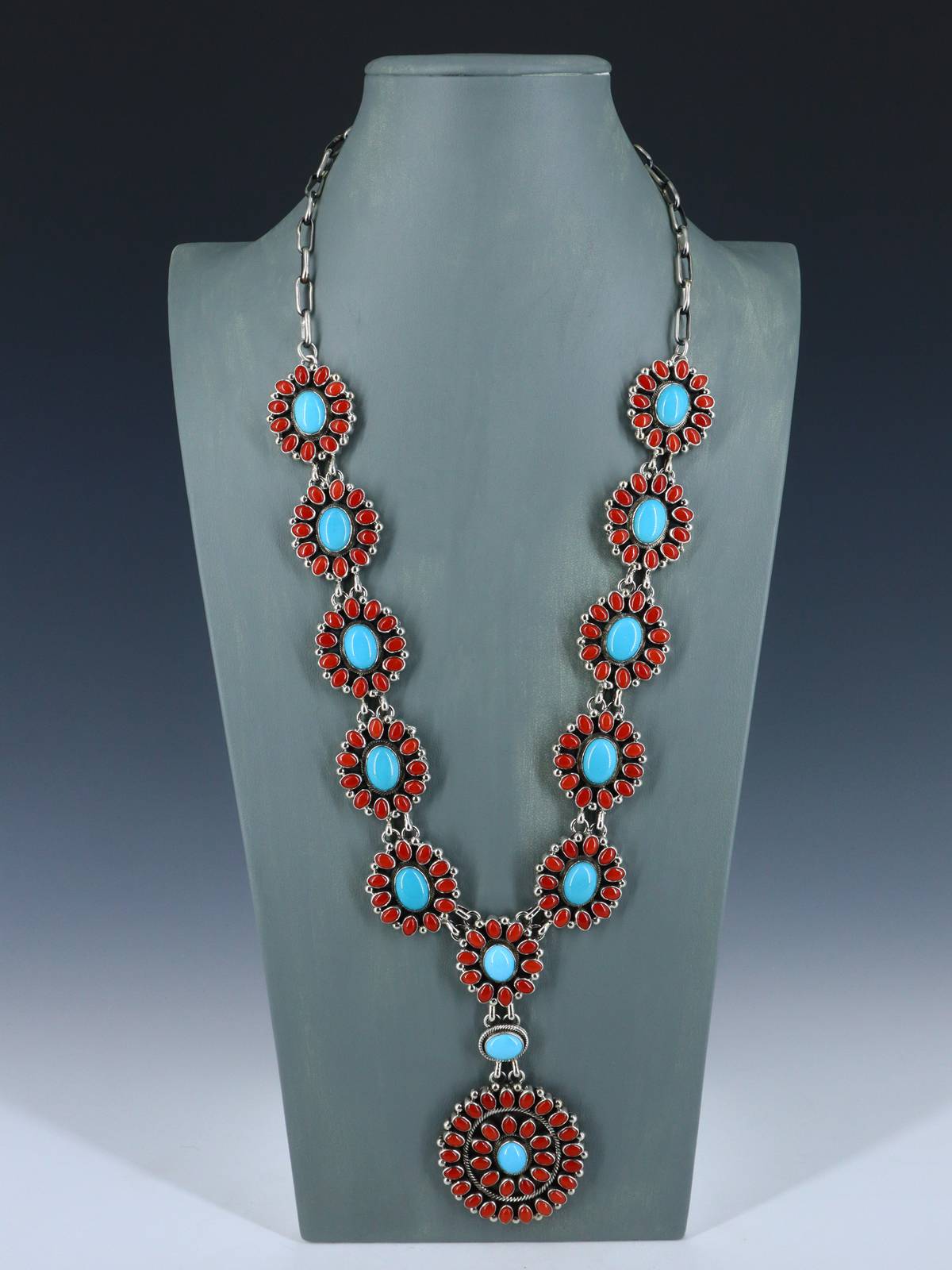 Navajo Jewelry Coral and Sleeping Beauty Turquoise Lariat Necklace