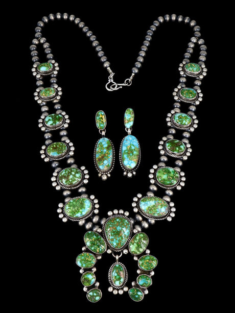 Native American Jewelry Sonoran Gold Turquoise Squash Blossom Necklace Set - PuebloDirect.com