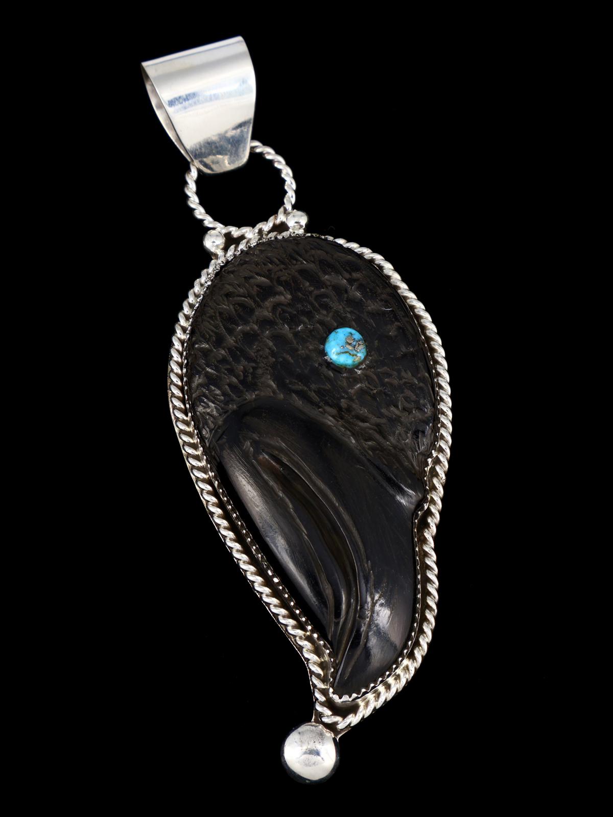 Zuni Sterling Silver Carved Black Jet Crow Pendant - PuebloDirect.com