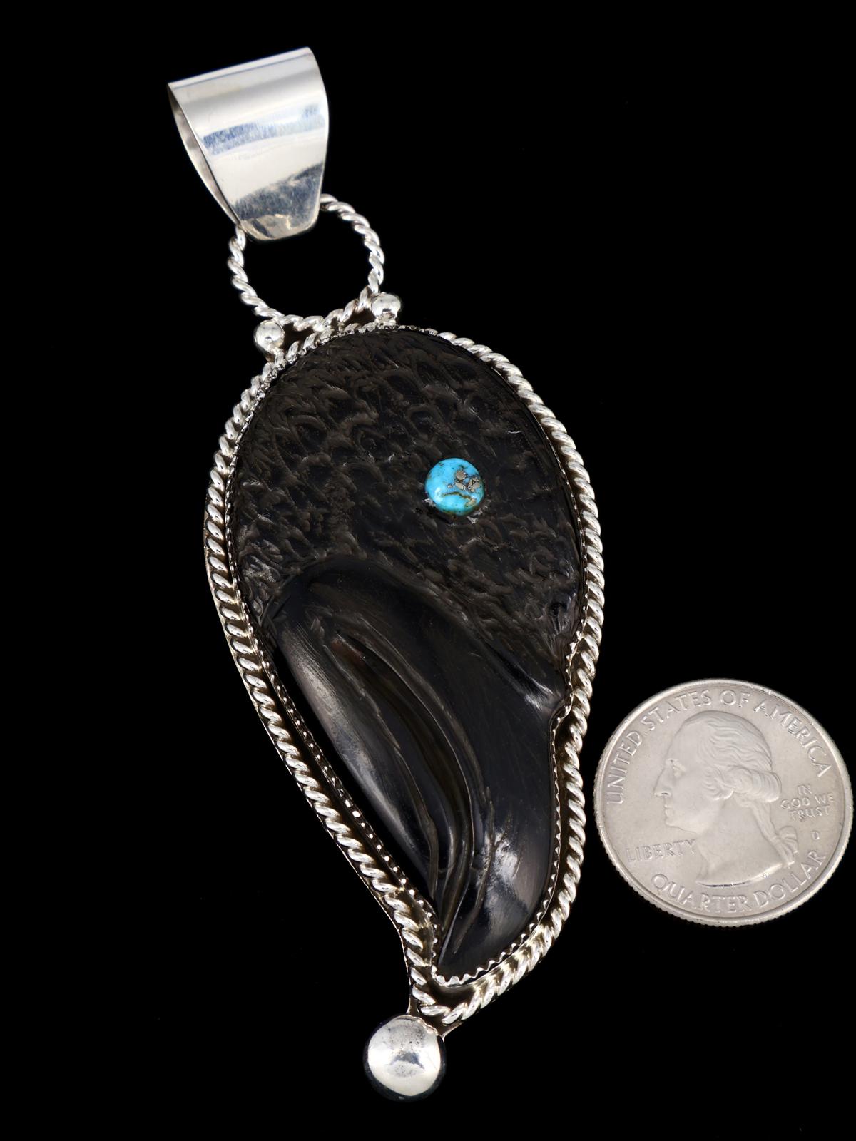 Zuni Sterling Silver Carved Black Jet Crow Pendant - PuebloDirect.com