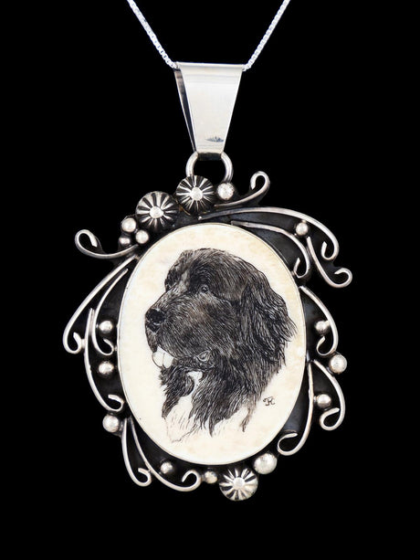 Navajo Sterling Silver Scrimshaw Bone Pendant - PuebloDirect.com