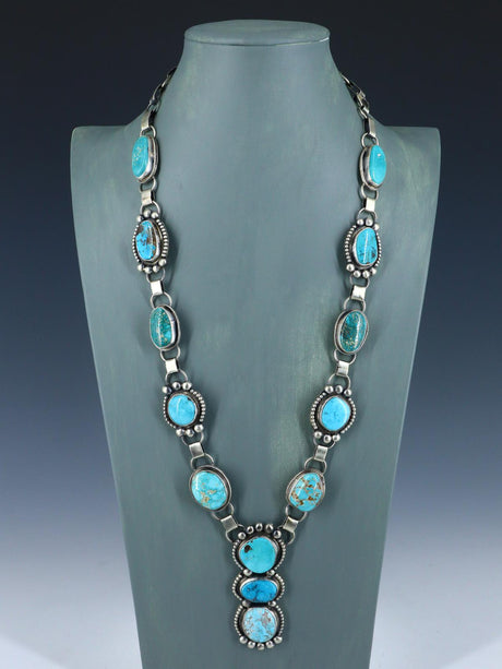 Native American Sterling Silver Carico Lake Turquoise Lariat Necklace - PuebloDirect.com