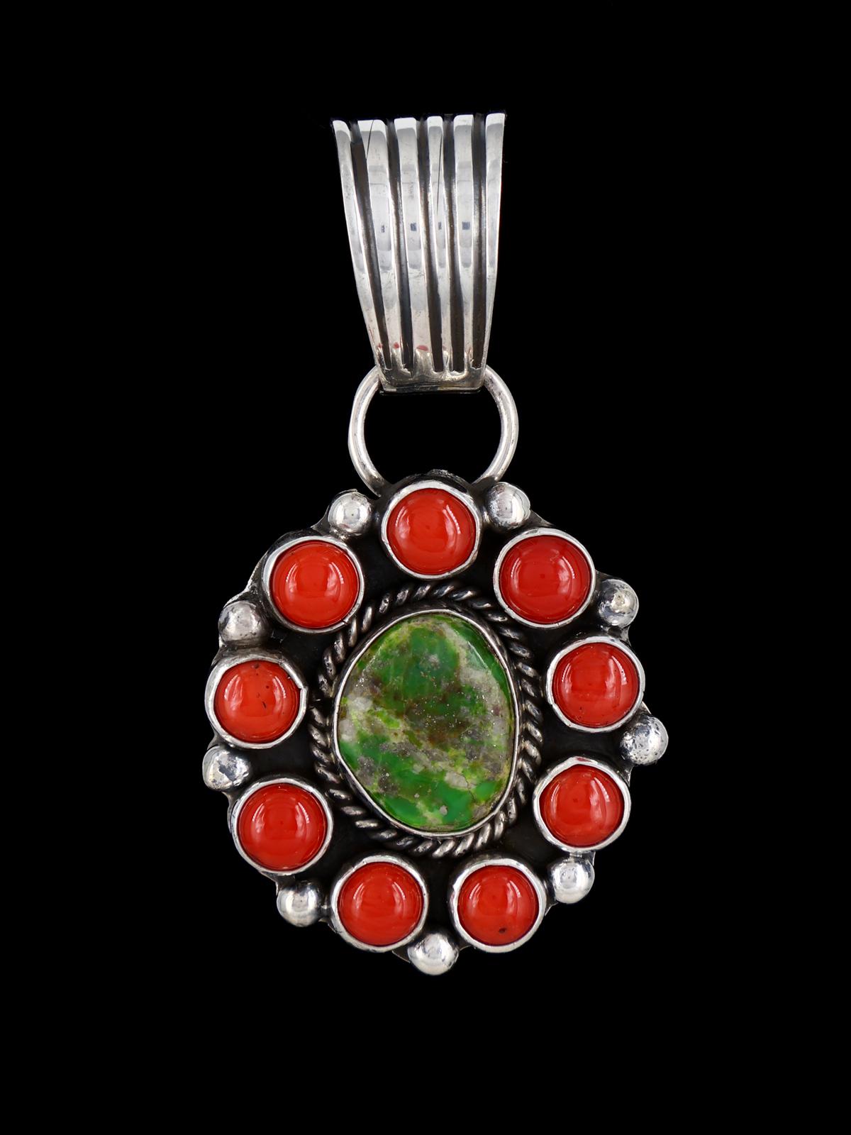 Navajo Sterling Silver Sonoran Gold Turquoise and Coral Cluster Pendant