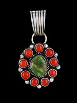 Navajo Sterling Silver Sonoran Gold Turquoise and Coral Cluster Pendant