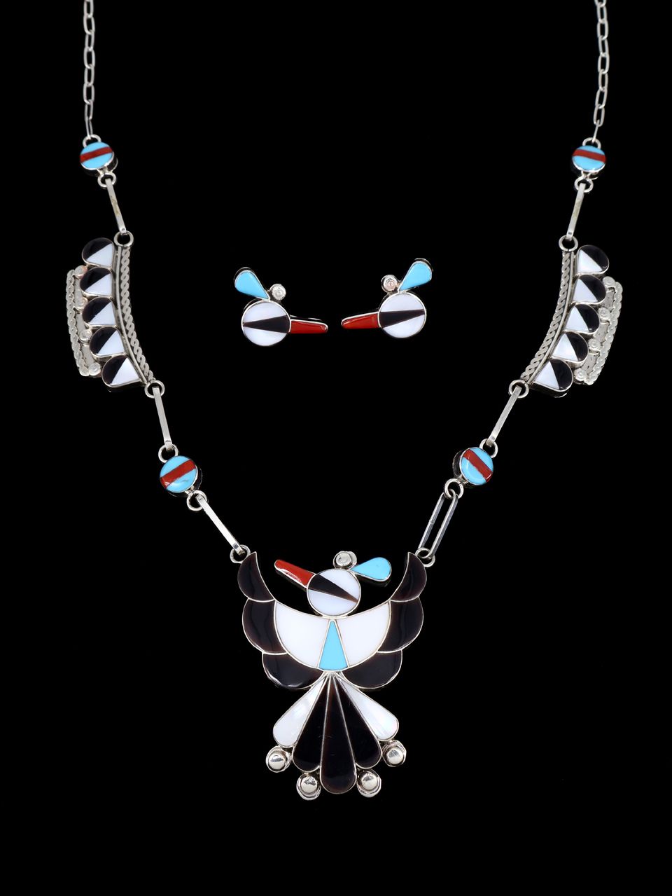 Sterling Silver Native American Zuni Inlay Thunderbird Necklace Set - PuebloDirect.com