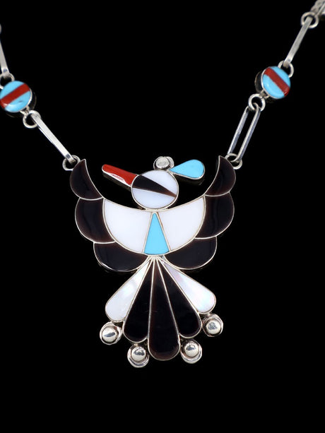 Sterling Silver Native American Zuni Inlay Thunderbird Necklace Set - PuebloDirect.com