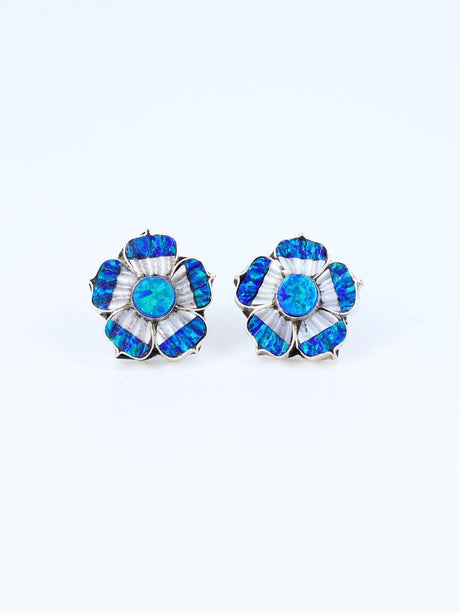 Zuni Sterling Silver Blue Opalite Flower Post Earrings - PuebloDirect.com