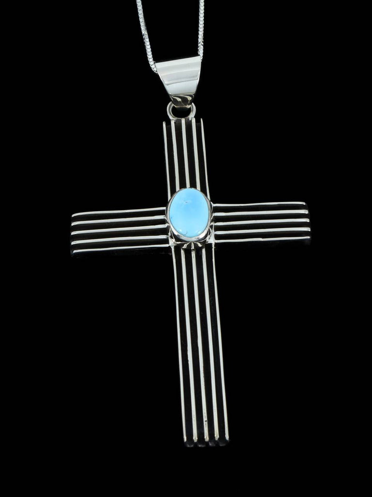 Navajo Sculpted Sterling Silver Golden Hill Turquoise Cross Pendant - PuebloDirect.com