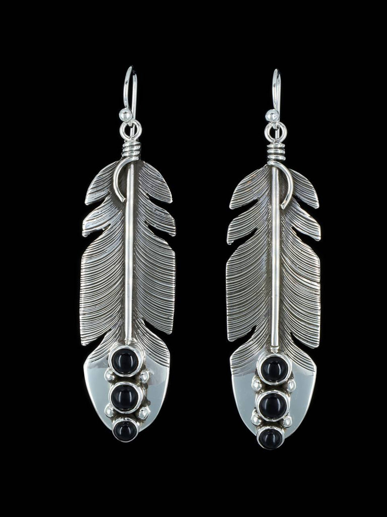 Native American Sterling Silver Onyx Dangle Feather Earrings - PuebloDirect.com