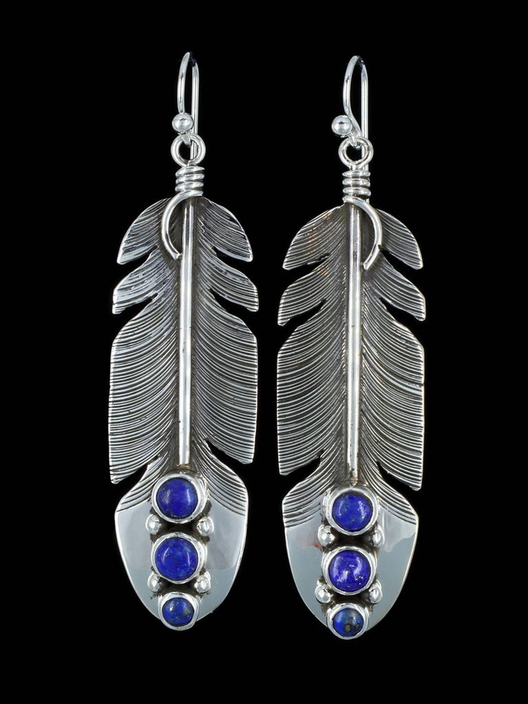 Native American Sterling Silver Lapis Dangle Feather Earrings - PuebloDirect.com