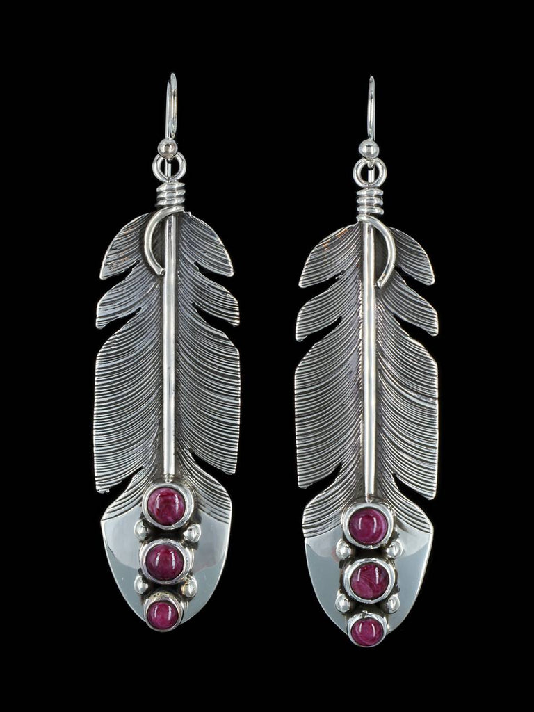 Native American Sterling Silver Spiny Oyster Dangle Feather Earrings - PuebloDirect.com