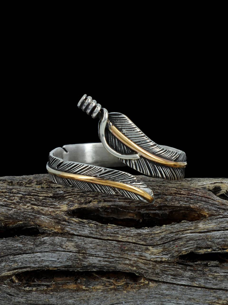 Navajo Sterling Silver and Gold Feather Ring Adjustable - PuebloDirect.com