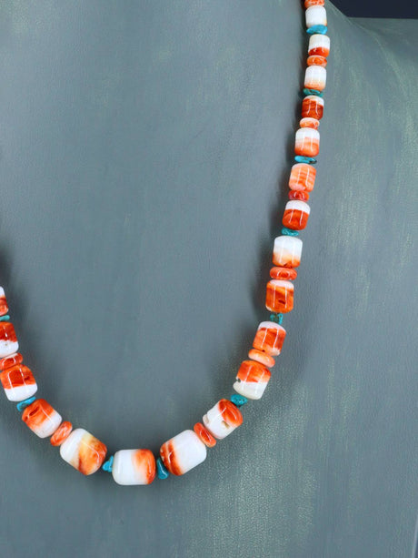20" Navajo Single Strand Spiny Oyster and Turquoise Necklace - PuebloDirect.com