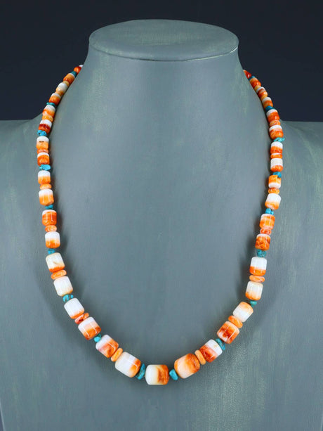 20" Navajo Single Strand Spiny Oyster and Turquoise Necklace - PuebloDirect.com