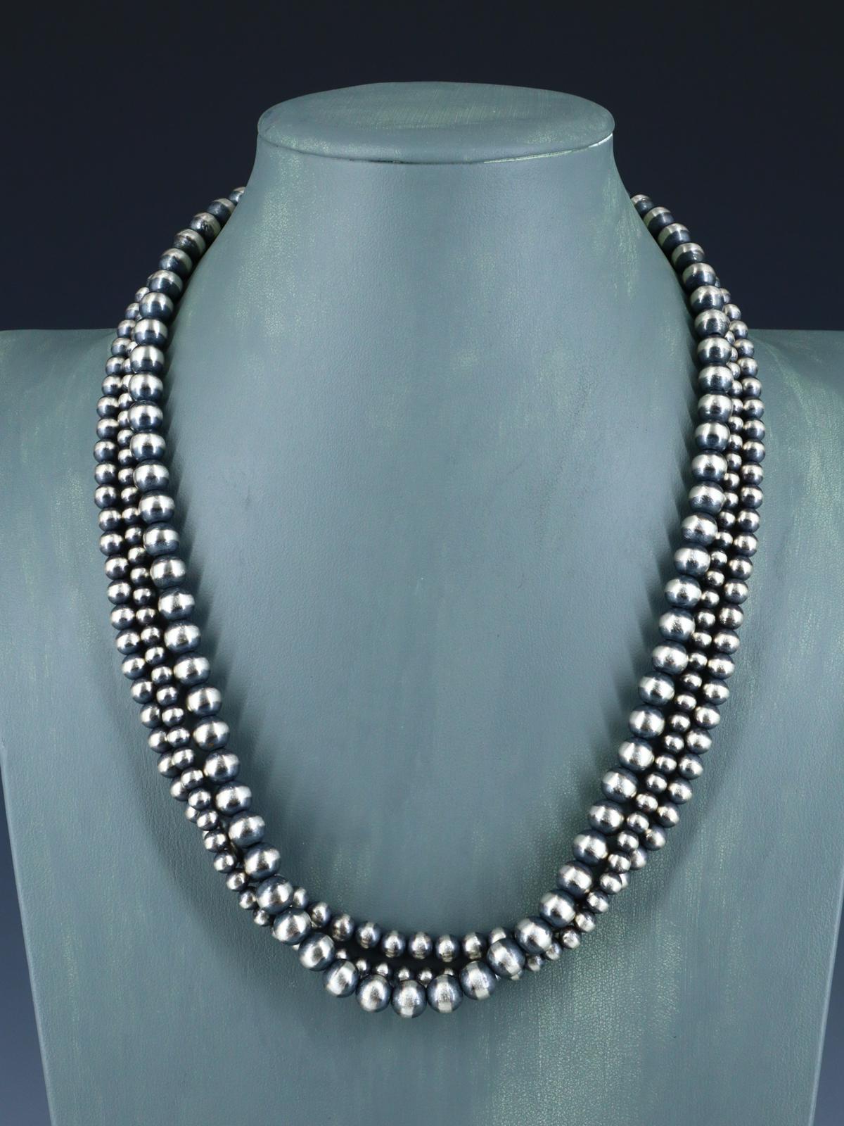 22" Navajo Jewelry Three Strand Sterling Silver Beaded Necklace