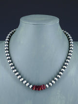 18" Native American Spiny Oyster and Silver Bead Necklace