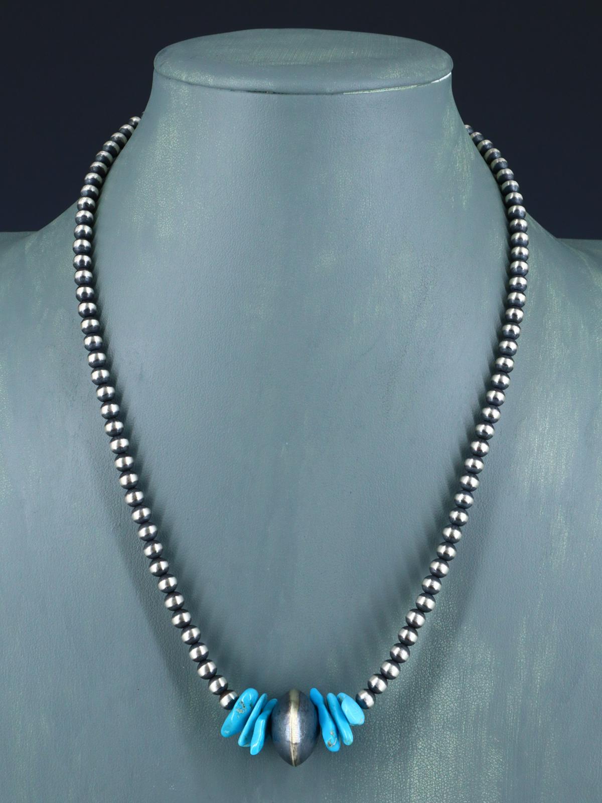 Native American Turquoise Nugget and Silver Bead Necklace