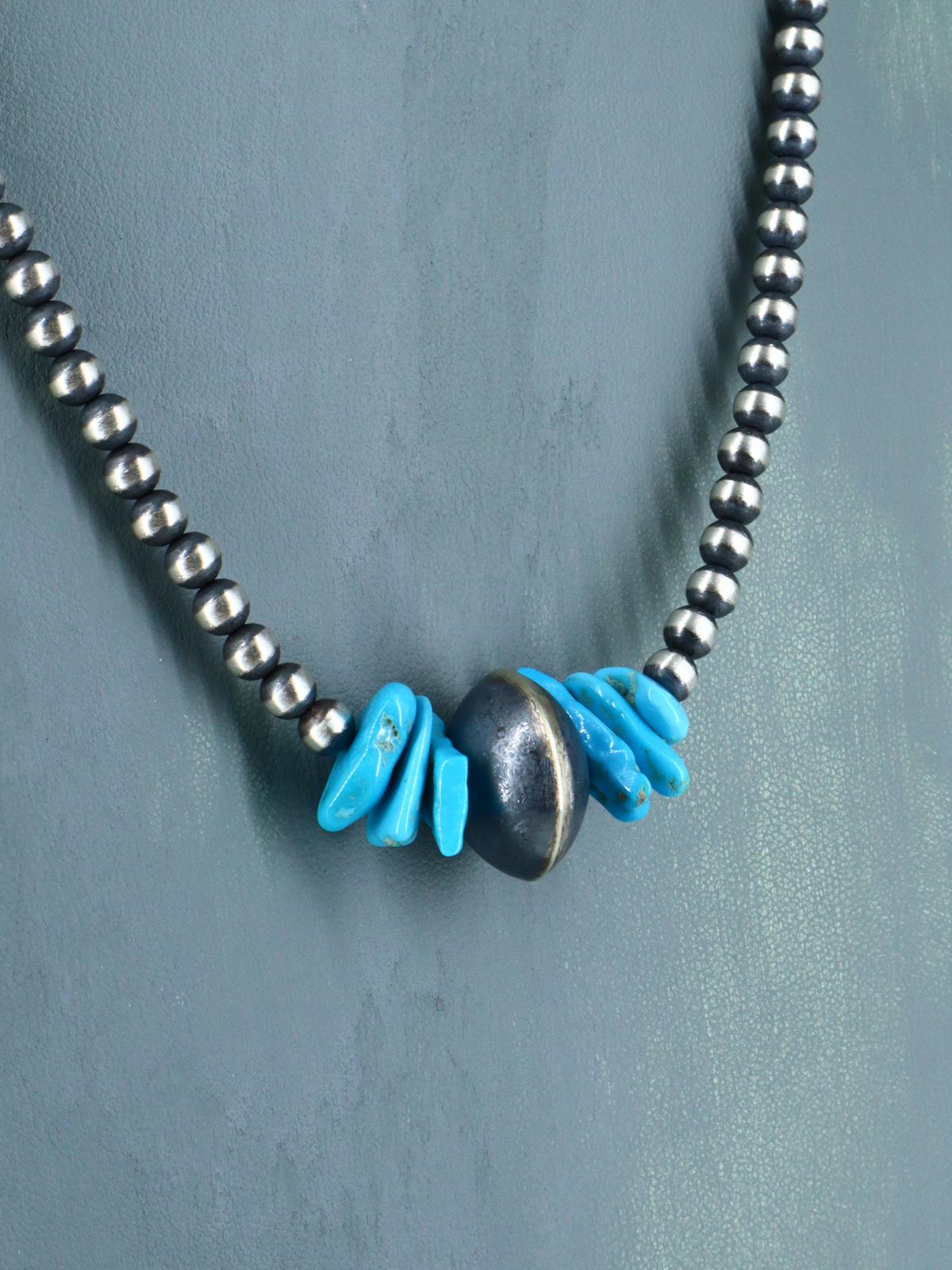 Native American Turquoise Nugget and Silver Bead Necklace