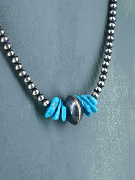 Native American Turquoise Nugget and Silver Bead Necklace