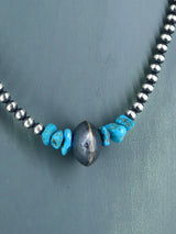 Native American Turquoise Nugget and Silver Bead Necklace