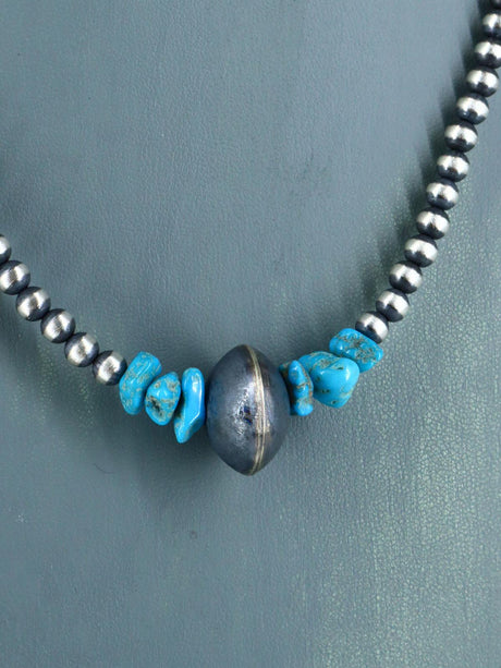 Native American Turquoise Nugget and Silver Bead Necklace