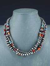 Native American Three Strand Turquoise, Spiny Oyster and Silver Bead Necklace