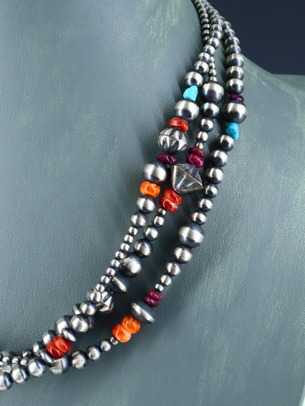 Native American Three Strand Turquoise, Spiny Oyster and Silver Bead Necklace