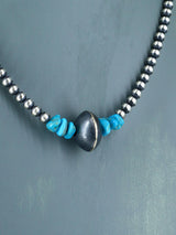 Native American Turquoise Nugget and Silver Bead Choker Necklace