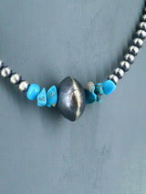 Native American Turquoise Nugget and Silver Bead Choker Necklace